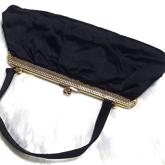 VINTAGE TARKOR BAGS BLACK HAND BAG GOLD TONE HARDWARE RETRO CHIC PARTY SOCIAL - Picture 3 of 8